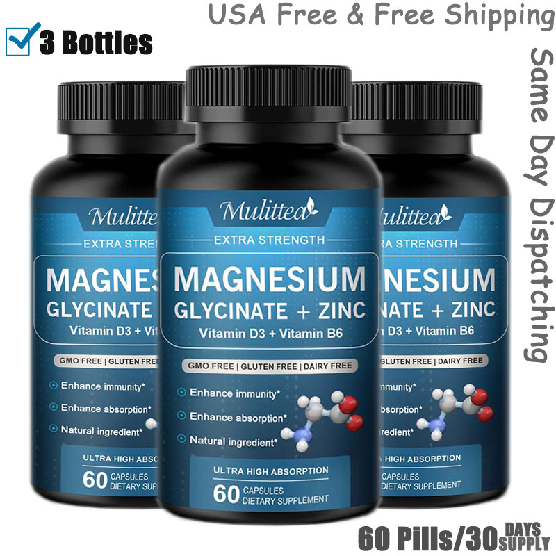 3PACK Magnesium Glycinate Capsules 500mg with Vitamin D3 Vitamin B6 & Zinc