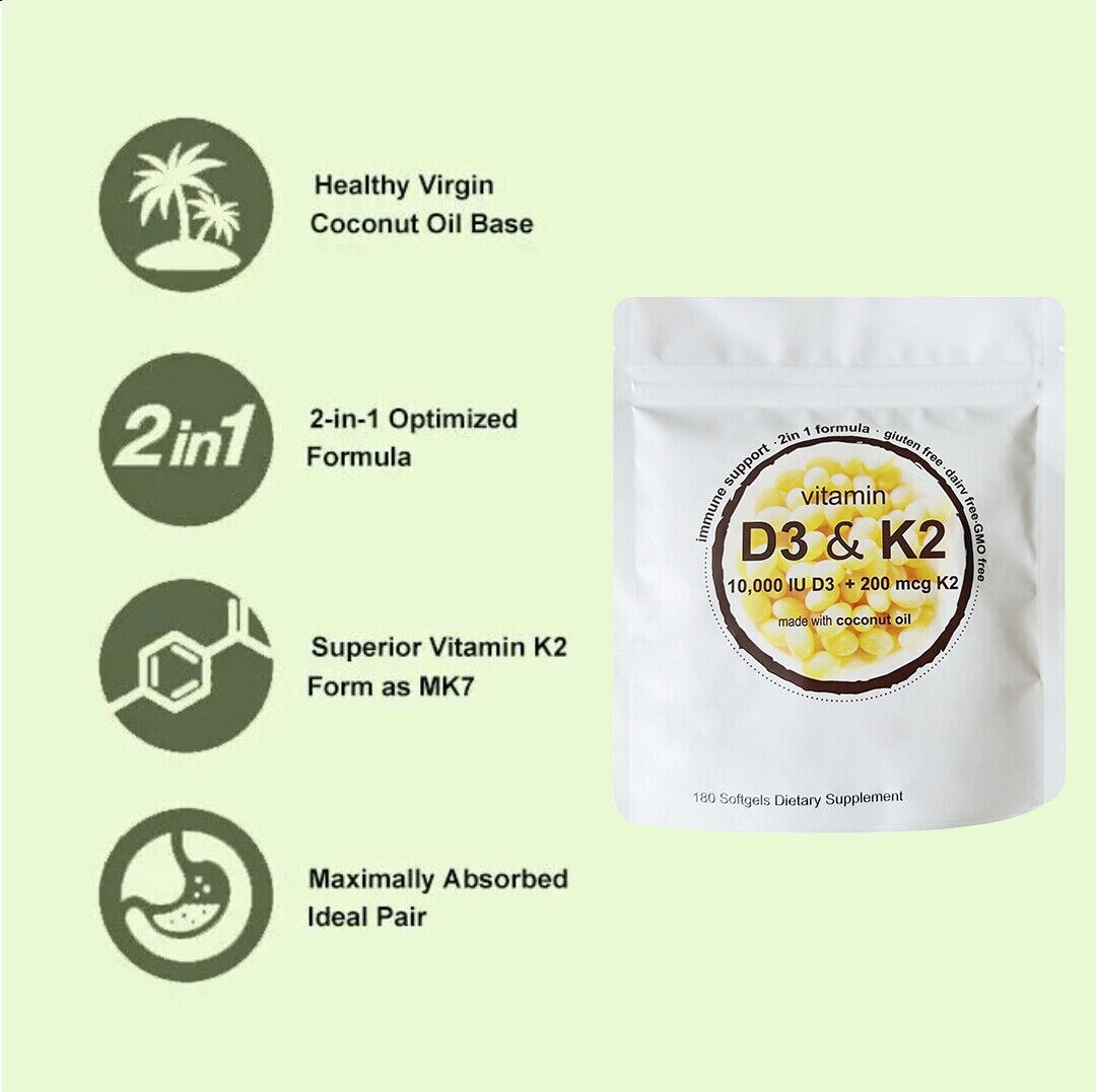 Vitamin D3 K2 Softgel Capsules Extra Strength D3 K2 Supplements with 10000 IU US