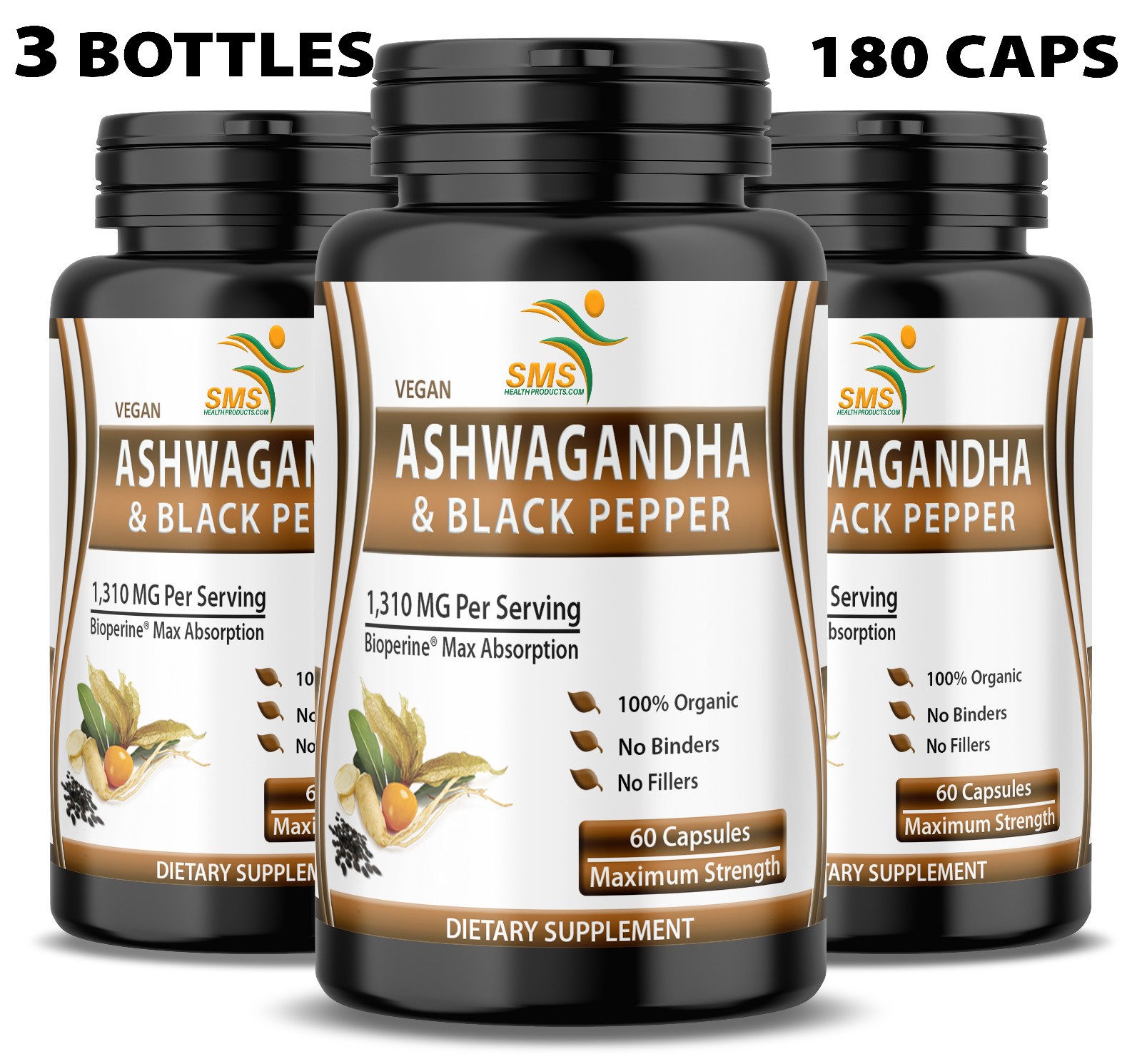 Organic Ashwagandha 1310mg Serving Capsules W/Black Pepper Root Powder 180 Caps
