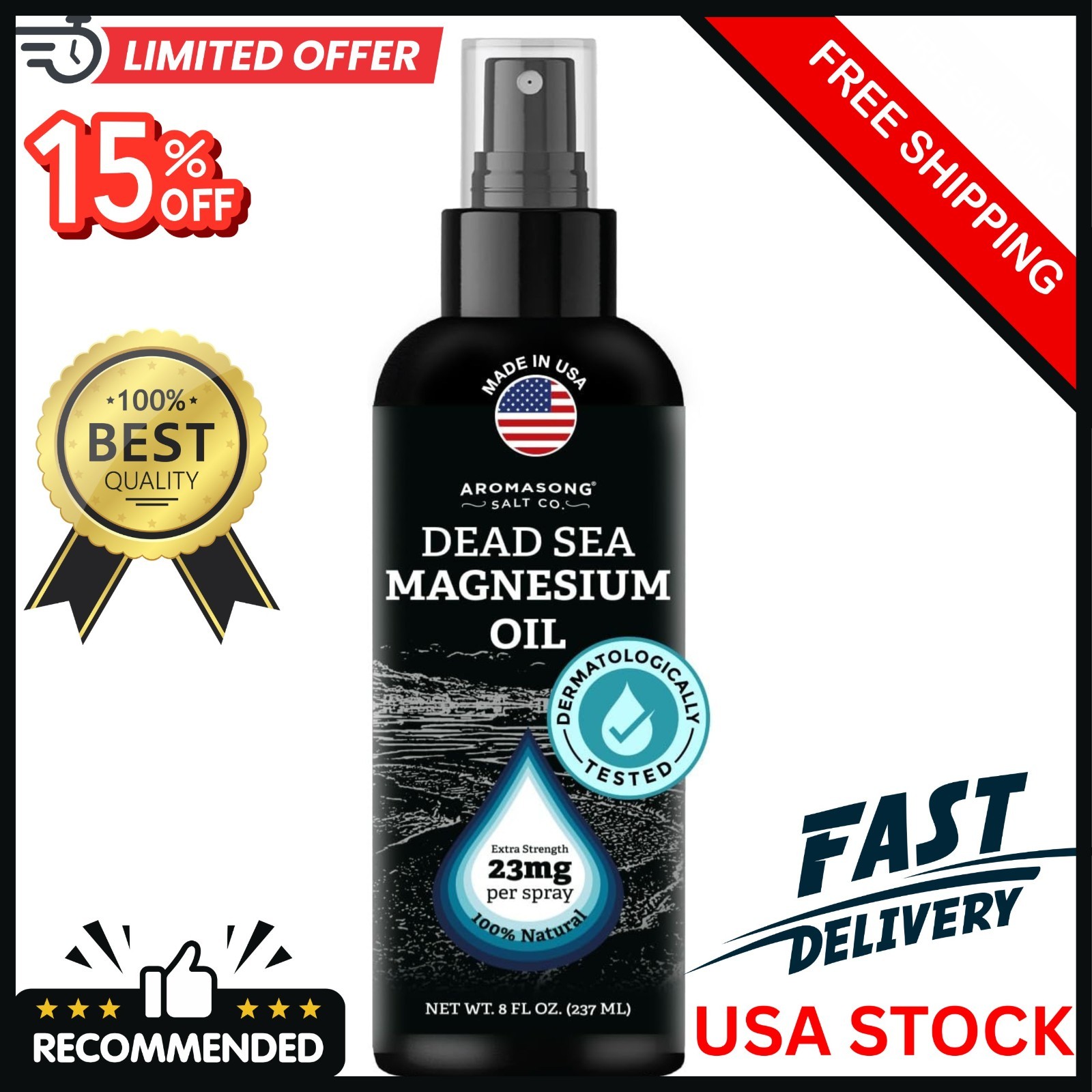 Magnesium Oil Spray – Large 8oz Size – Extra Strength – 100% Pure for Less Sting