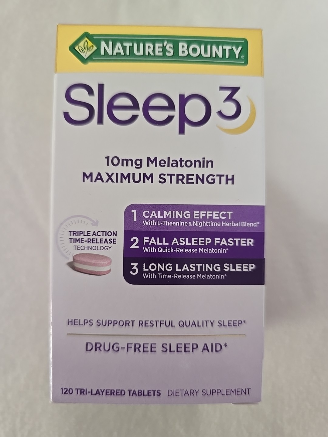 Nature’s Bounty Sleep3 Melatonin 10mg Maximum Strength Sleep Aid 120 Tablets