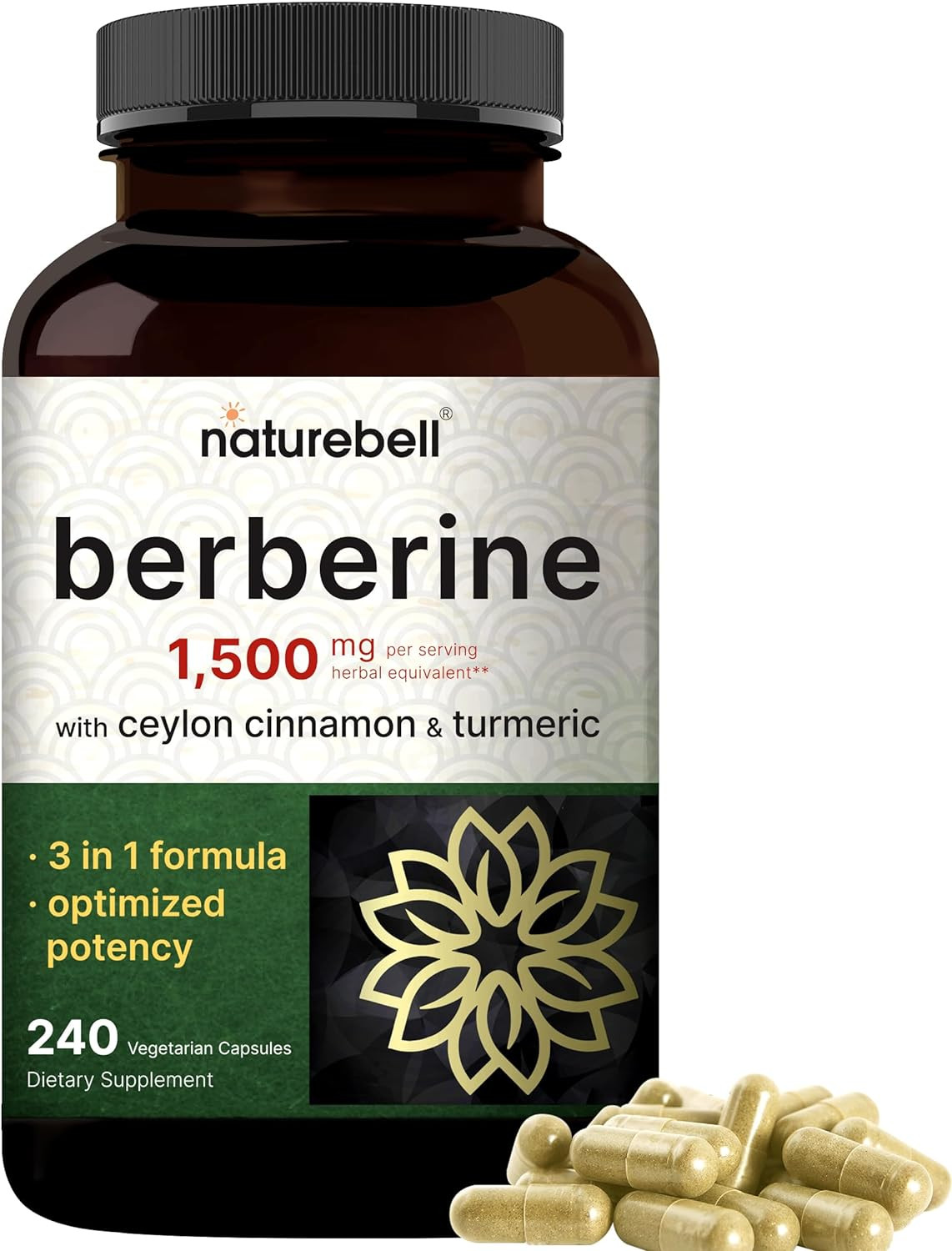 NatureBell Berberine 1500Mg with Ceylon Cinnamon & Turmeric Vegan, Non-Gmo 240ct