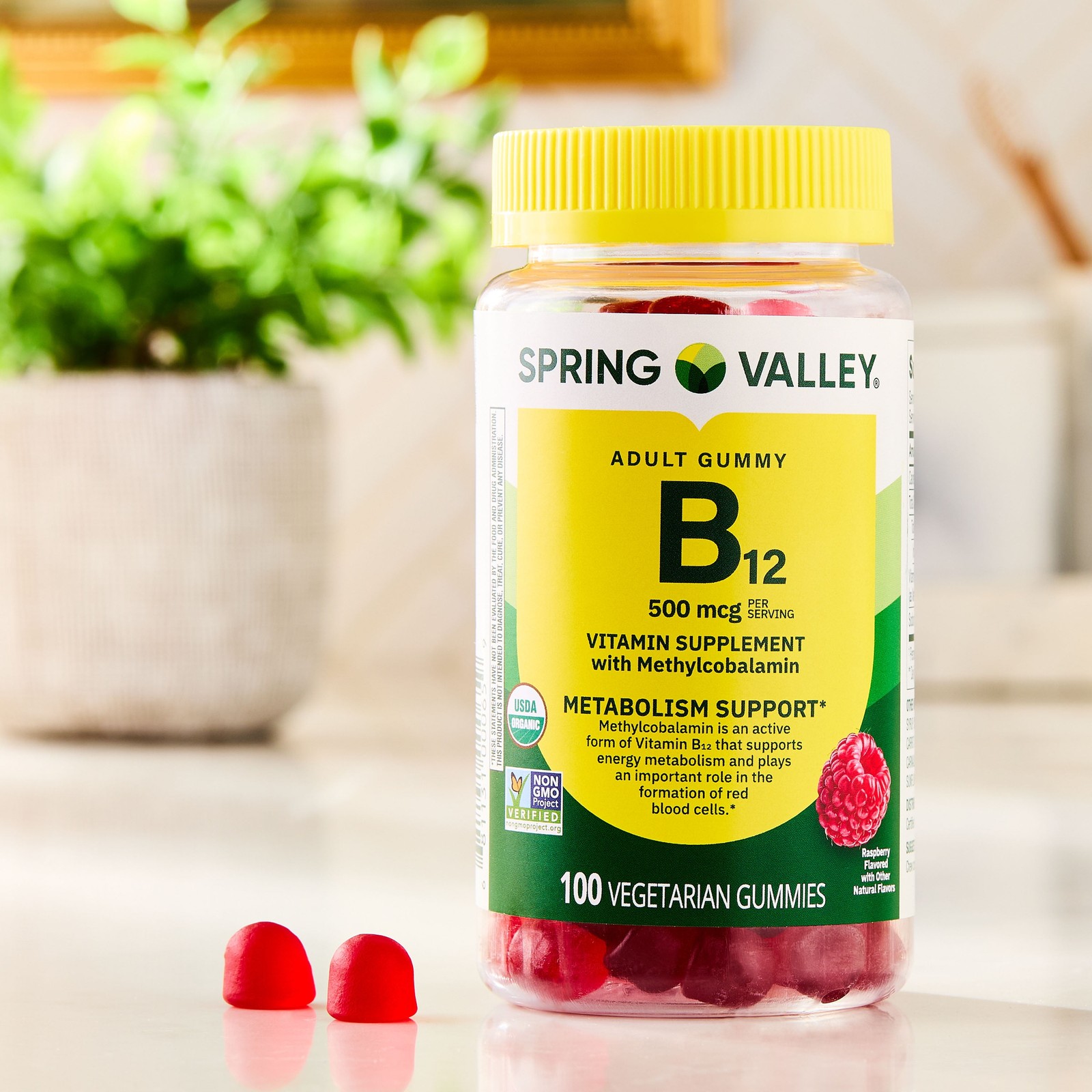 Spring Valley B12 Gummies 500 mcg, Vegetarian Raspberry, 100 Count Metabolism