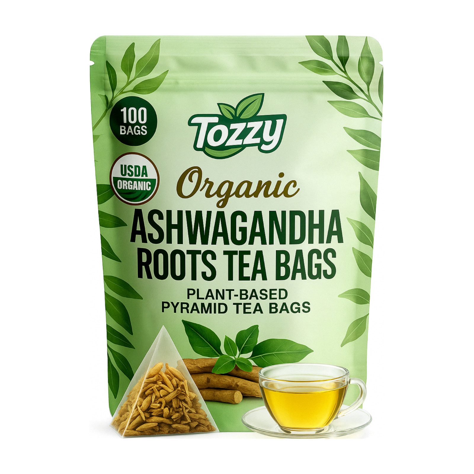 Organic Ashwagandha Tea Bags – 100 Count (Plant-Based Pyramid Tea Bags)