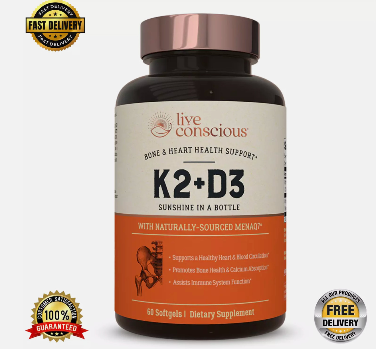 Live Conscious K2 MK7 + D3 5000 IU – 60 Softgels – Bone & Heart Health Support
