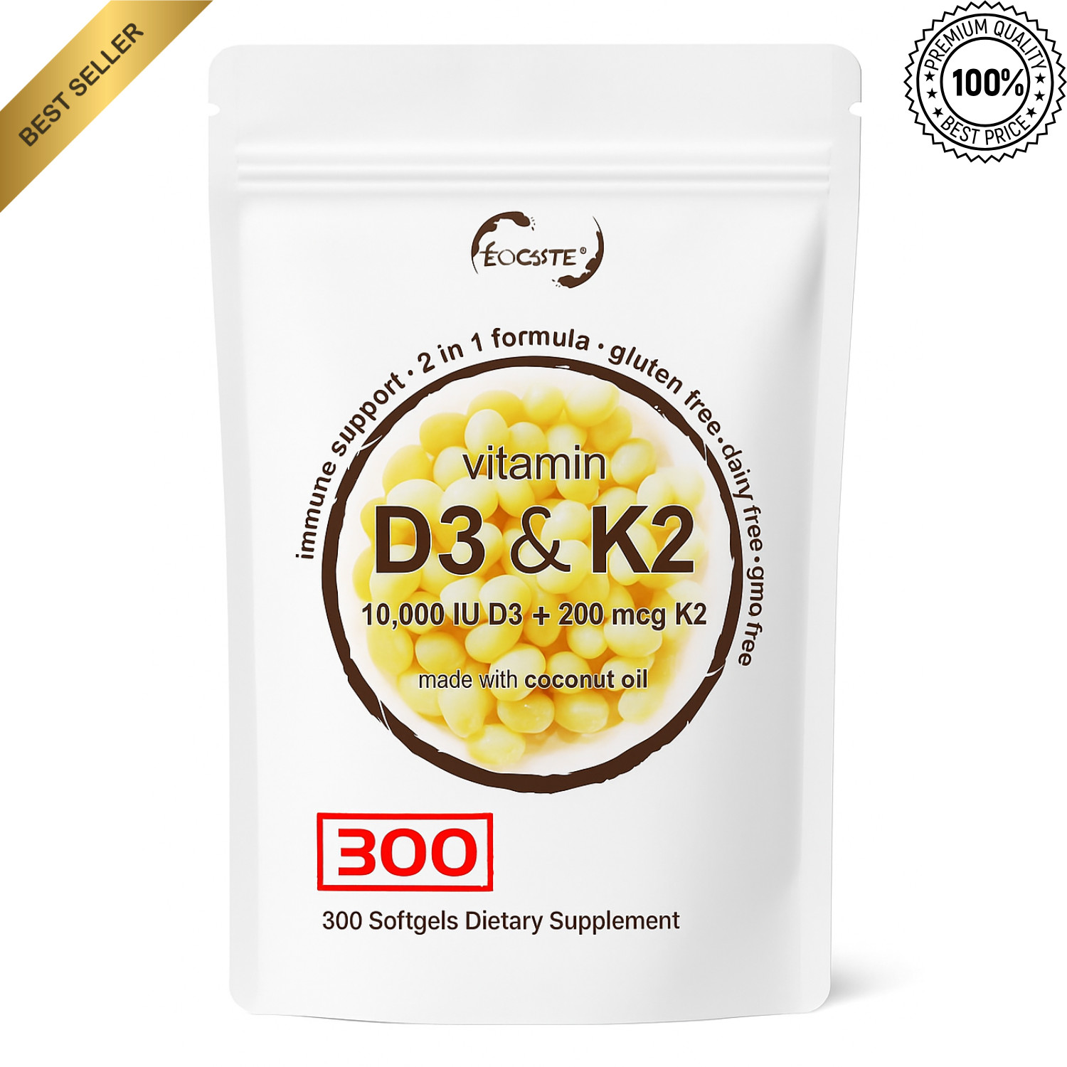 Vitamin D3 10000 iu Plus K2 (MK-7) 200 mcg, 300 Virgin Coconut Oil Softgels