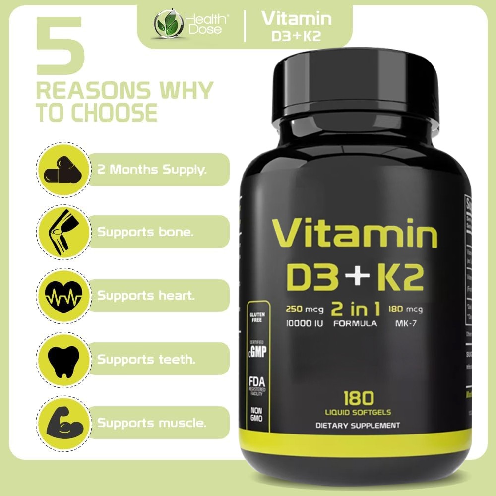 Health Vitamin D3 + K2 Supplement. 2 in 1 Formula. Immune Support. 180 caps