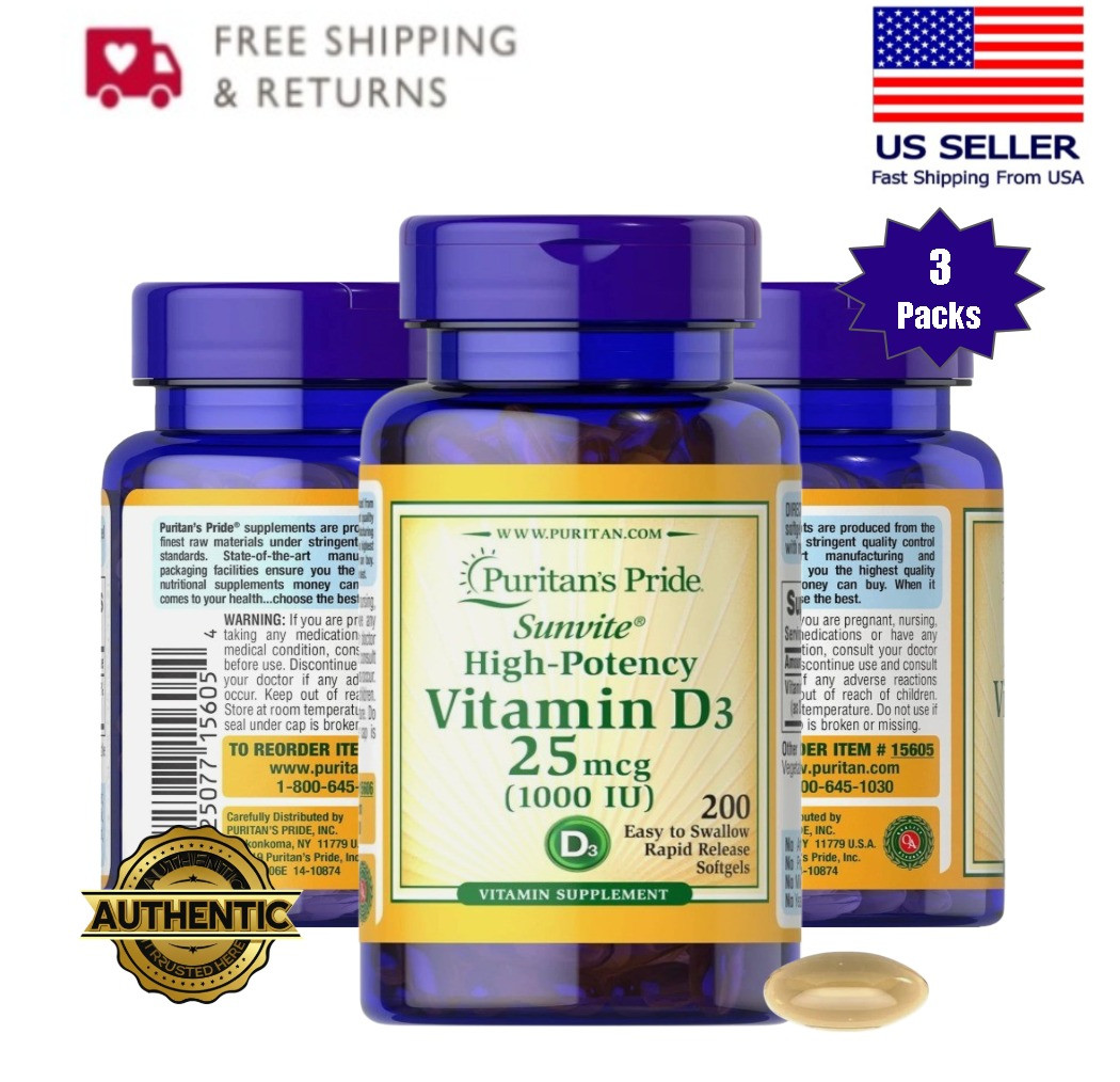 Puritan’s Pride High Potency Vitamin D3 25 Mcg 200 Softgels Supplement 3-Pack