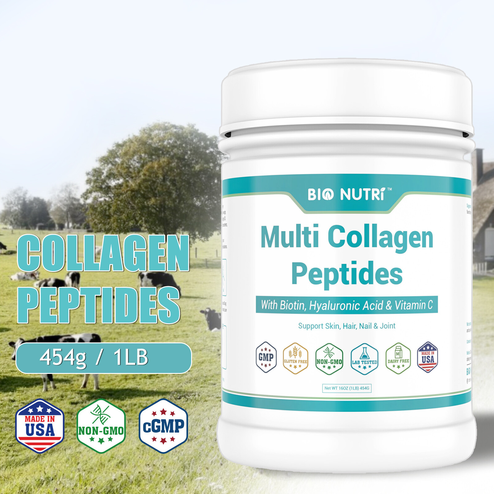 Multi Collagen Peptides Powder Type I II III V X with Vitamin C & Biotin 1LB