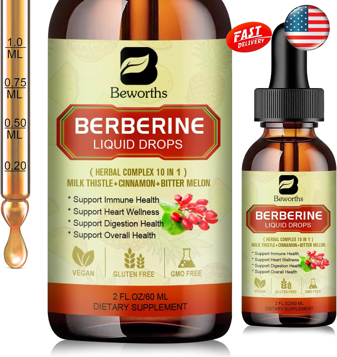 60ml Berberine Liquid Drops,Herbal Complex 10 in 1,Immune,Heart Digestion Health