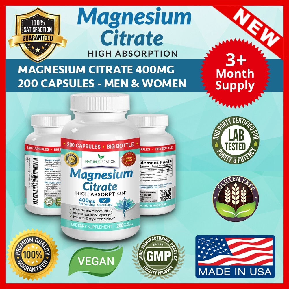 BEST MAGNESIUM CITRATE 400 MG – 200 CAPSULES – HIGH ABSORPTION PURE MADE IN USA