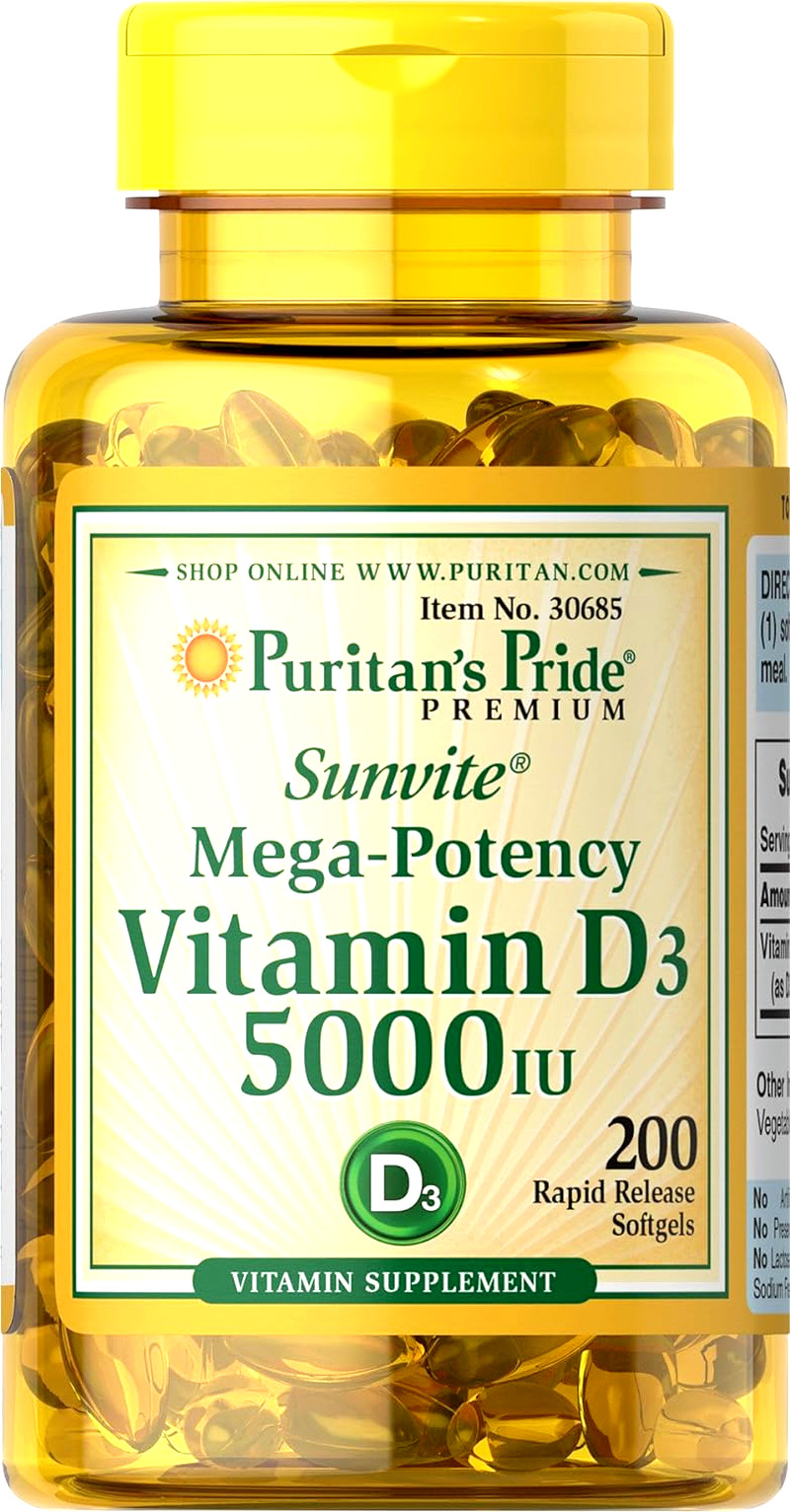VITAMIN D3 Mega Potency PURITANS PRIDE 5000 IU Immune Supplement 200 Softgels