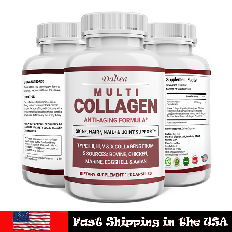 COLLAGEN PEPTIDES Types I, II, III, V, X Pills Anti-Aging Skin 120 Capsules