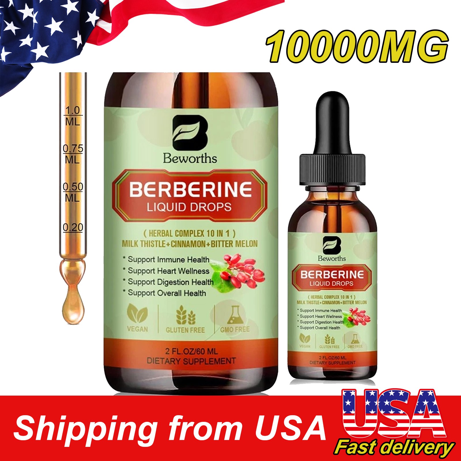 60ML Berberine Liquid Drops 10000mg Ceylon Cinnamon Heart Health & Immune