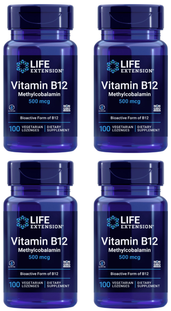 4PACK Life Extension Vitamin B12 Methylcobalamin 500 mcg 100 Vegetarian Lozenges