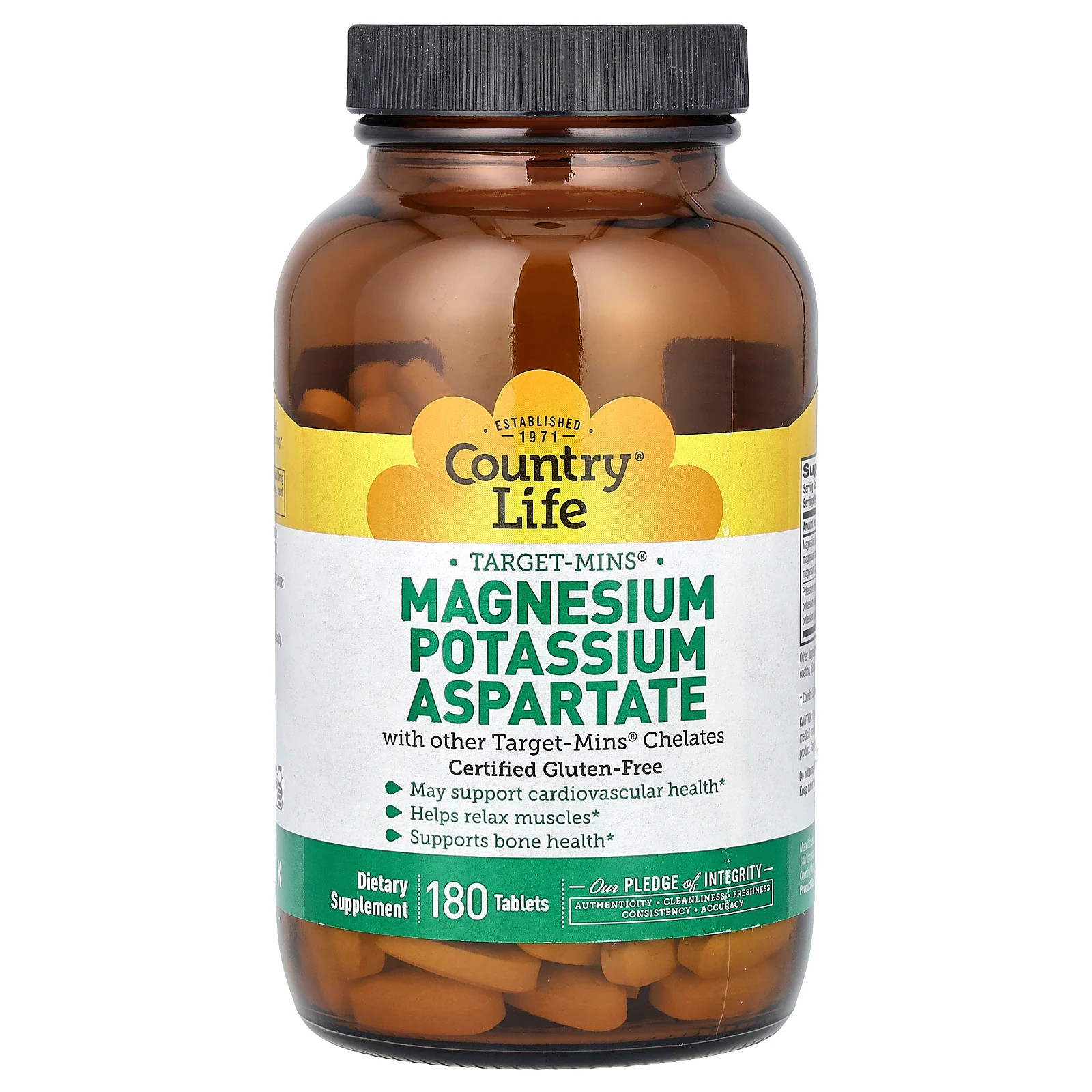 Country Life Magnesium Potassium Aspartate 180 Tablets Gluten-Free, GMP Quality