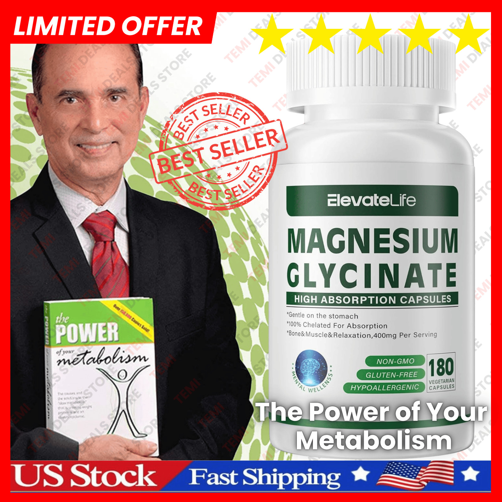 Glicinato De Magnesio De Maxima Potencia 180 Capsulas Non-Gmo 100% Chelated Max*