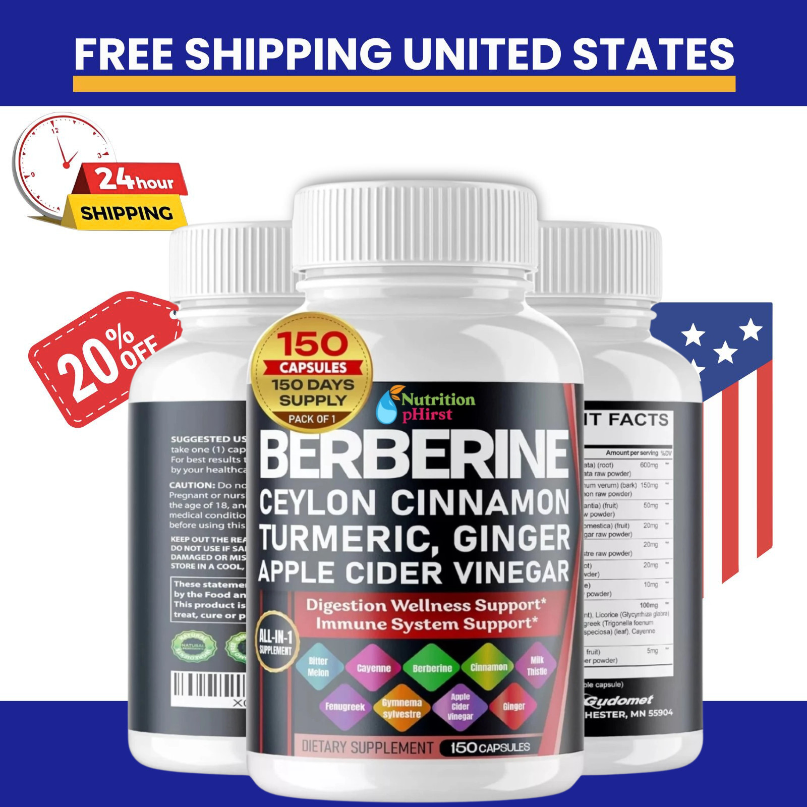 Premium Berberine with Ceylon Cinnamon 12,000mg 150 Caps Heart Health & Immune.