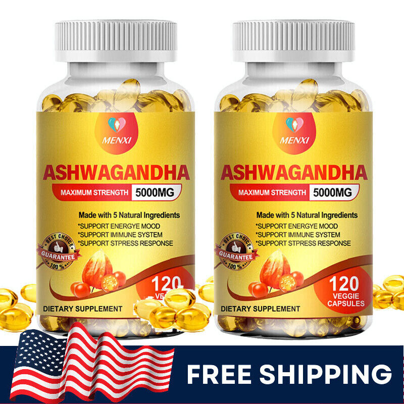 Ashwagandha Capsules 5000mg Natural w/ Black Pepper Extract 2 x 120 Softgels US
