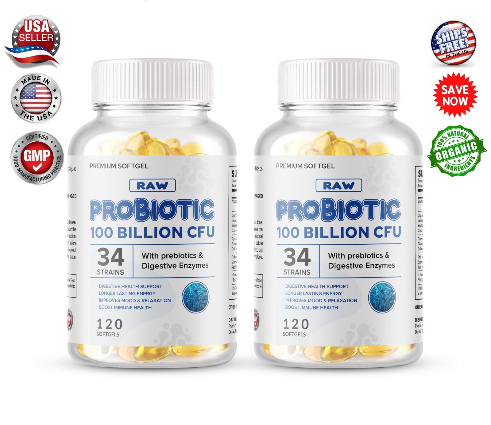2 x Raw Probiotics 100 Billion CFU Potency Digestive Immune Health 240 Capsules