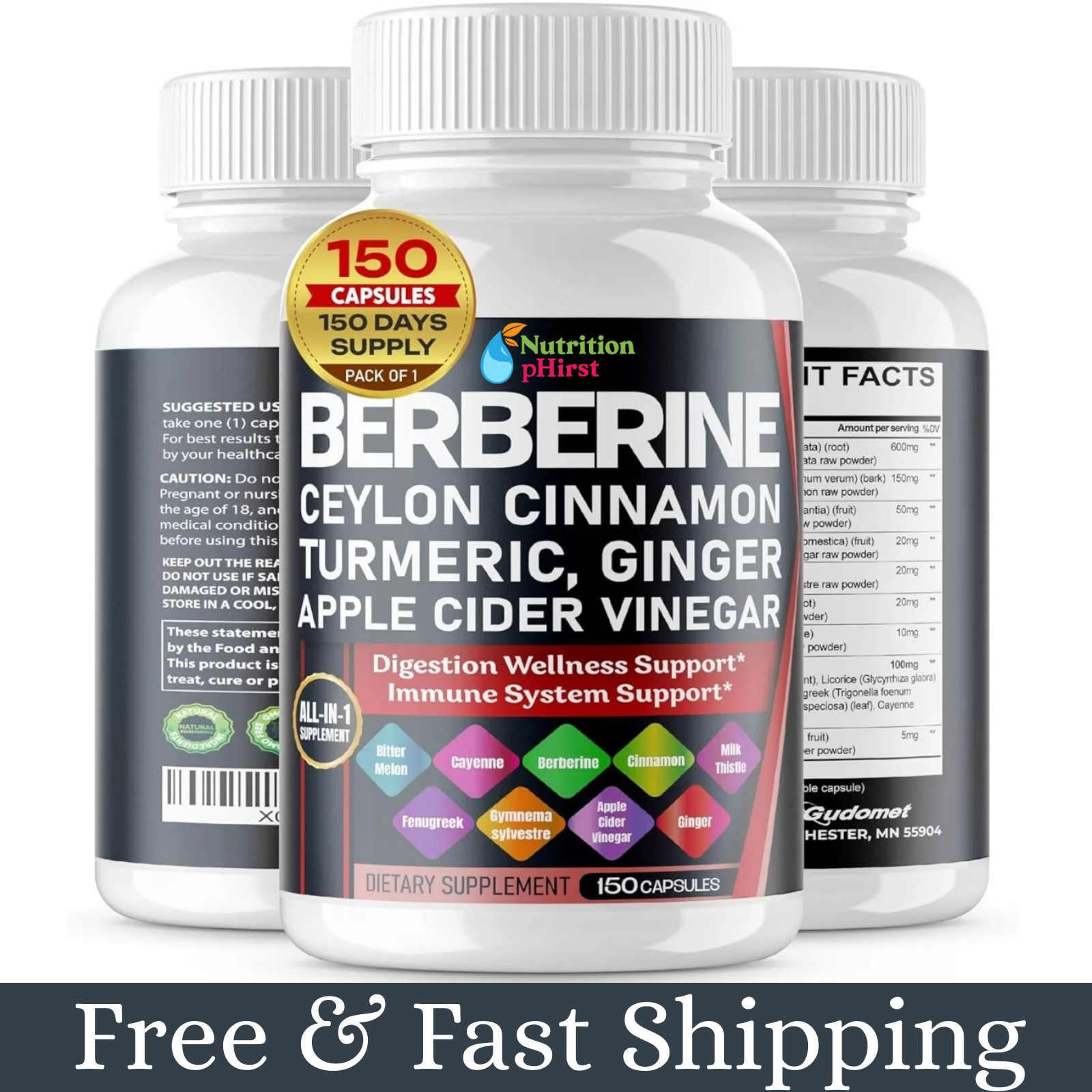 Premium Berberine with Ceylon Cinnamon 12,000mg 150 Caps Heart Health & Immune –