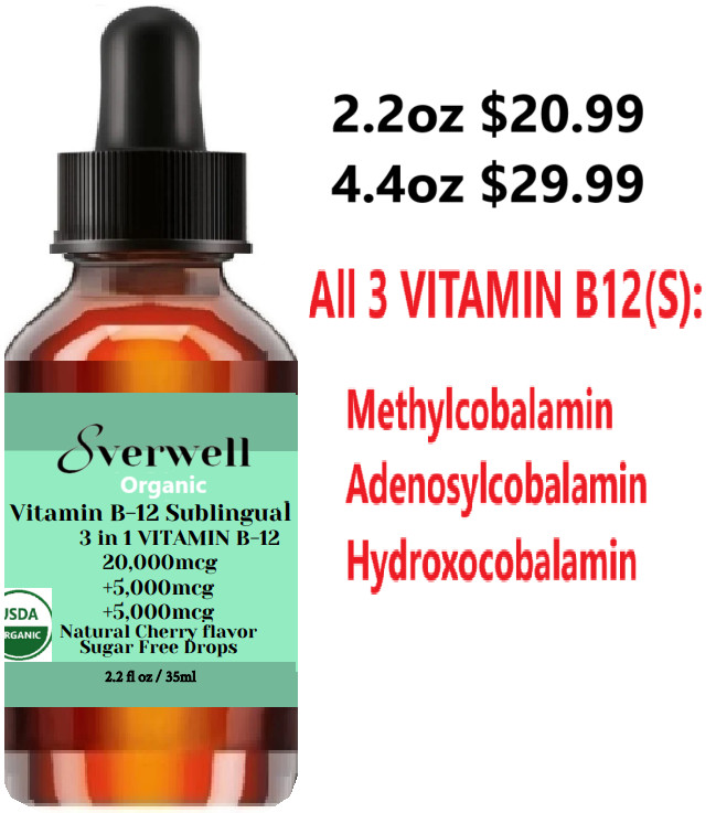 3 Organic Vitamin B12(s) 30,000 mcg(20,000mcg + 2 x 5,000mcg) Liquid Drops