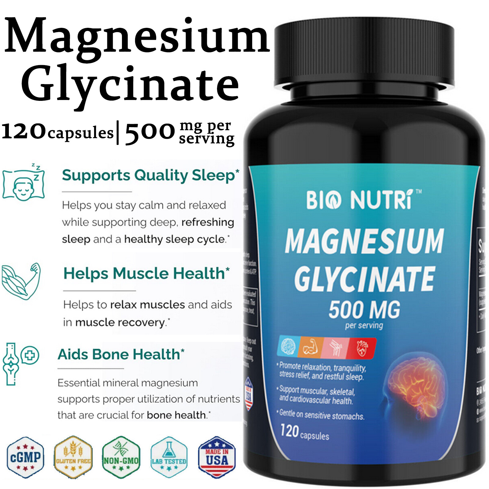 Magnesium Glycinate 500mg 120 Capsules for Calm, Stress, Sleep, Leg Cramp, Heart