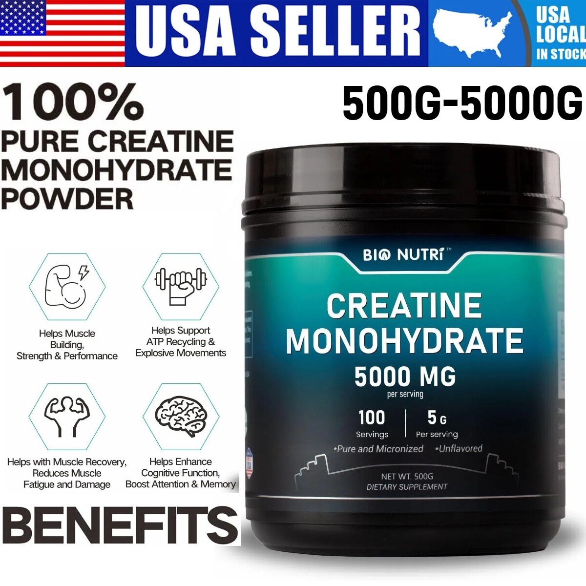 100% Pure Creatine Monohydrate Powder 500-5000G – Unflavored- 5g Per Serving