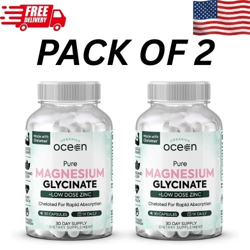 2 Pcs Pure Magnesium Glycinate Zinc Organics Ocean Relief Muscle Cramps FREE SHP