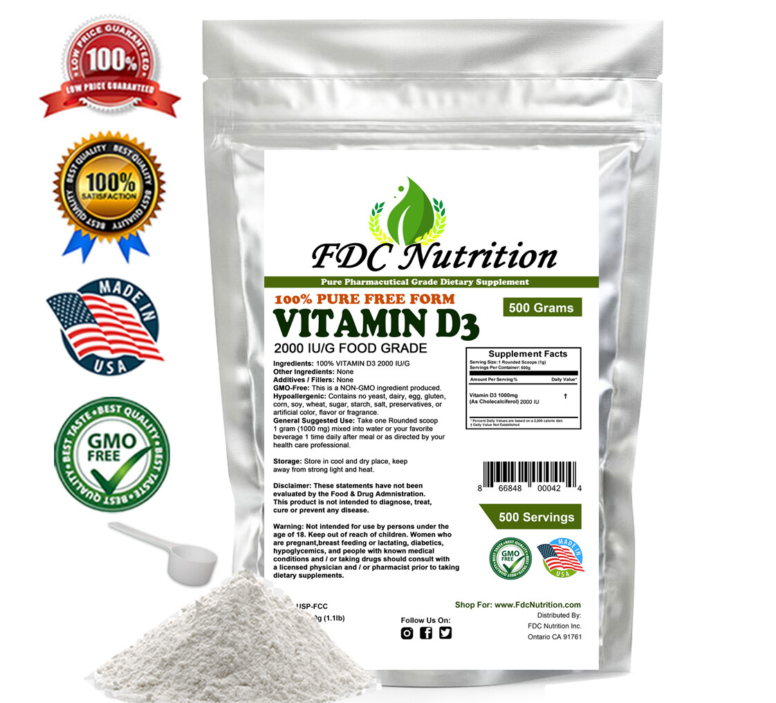 1.1 lb (500g) NEW 100% PURE VITAMIN D3 (CHOLECALCIFEROL) POWDER 2000IU/G