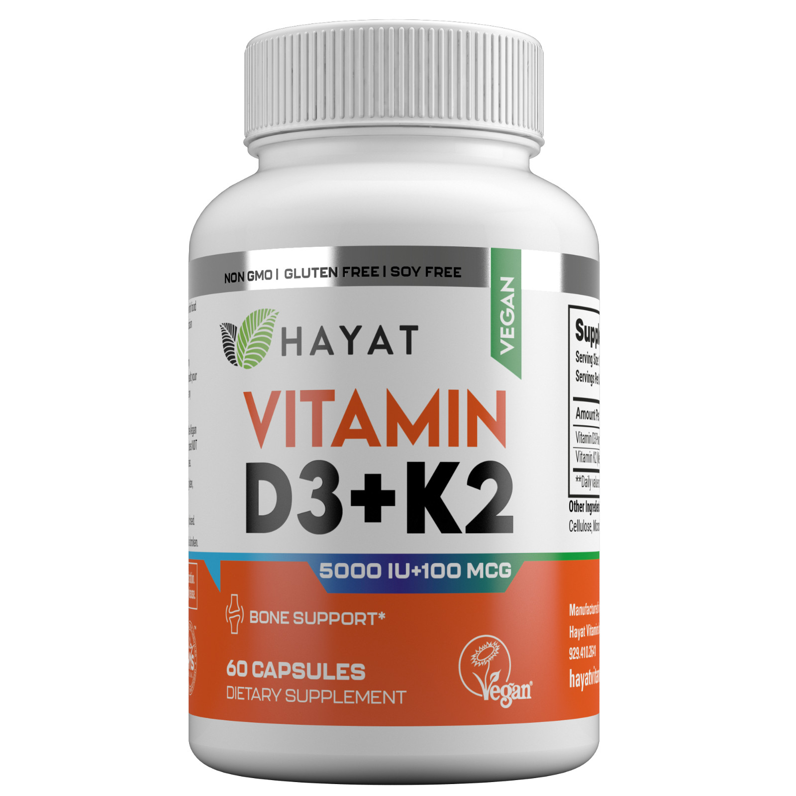 Hayat Vitamins Vegan Natural Vitamin D3+K2 (5000IU + 100MCG), Halal, 60 Capsules