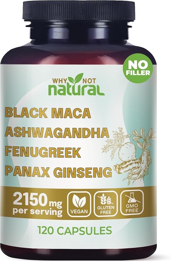 4-in-1 Organic Black Maca Root, Ashwagandha, Fenugreek, Panax Ginseng Capsules