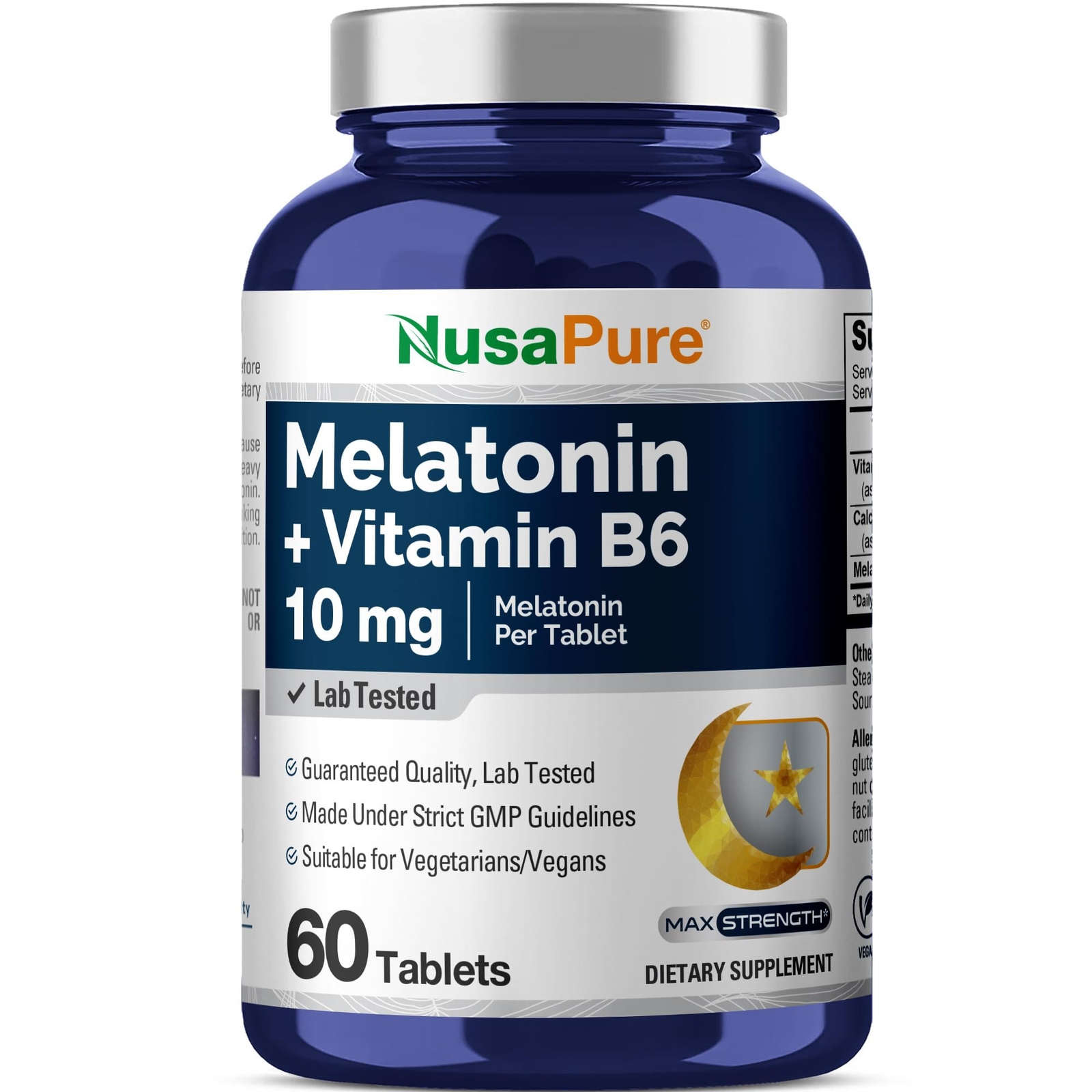 NusaPure Melatonin + Vitamin B6 10 mg Per 60 Tablets Vegans Non-Gmo
