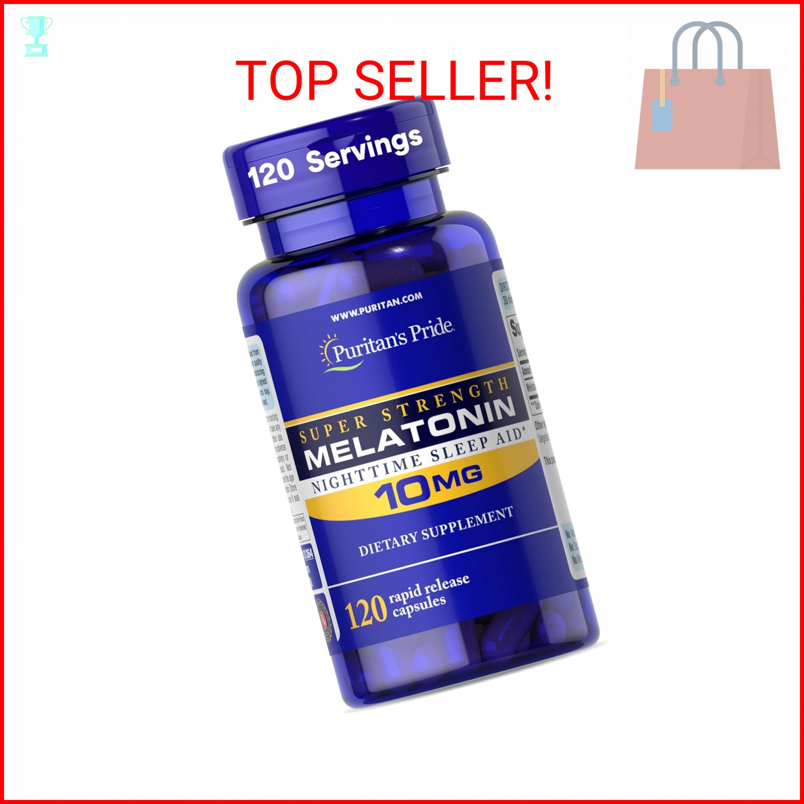 Puritan’s Pride Super Strength Melatonin 10mg Rapid Release Capsules, 60-Count