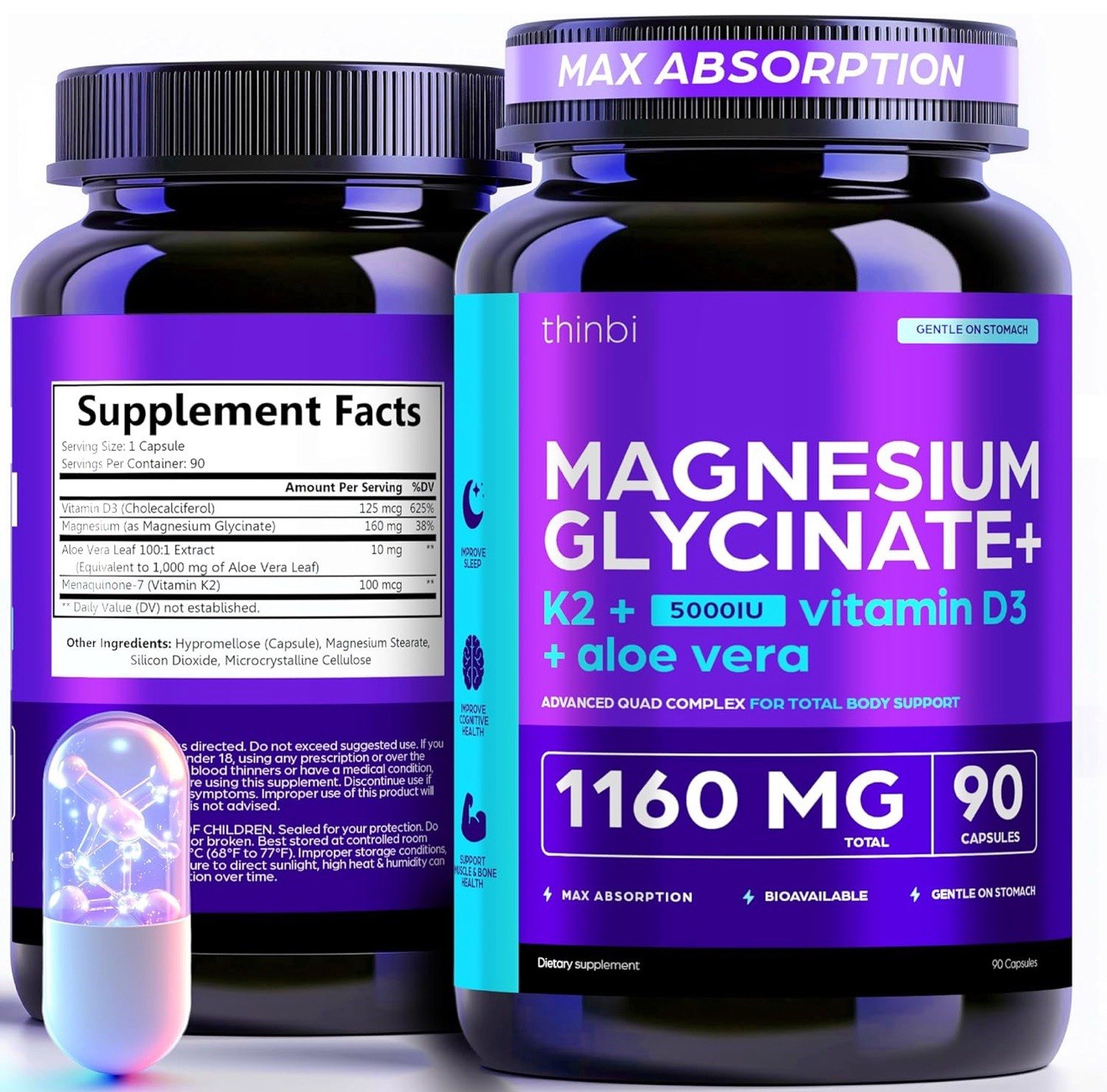 Magnesium Glycinate 1160mg + Aloe Vera, D3 and K2 Complex 90 Capsules