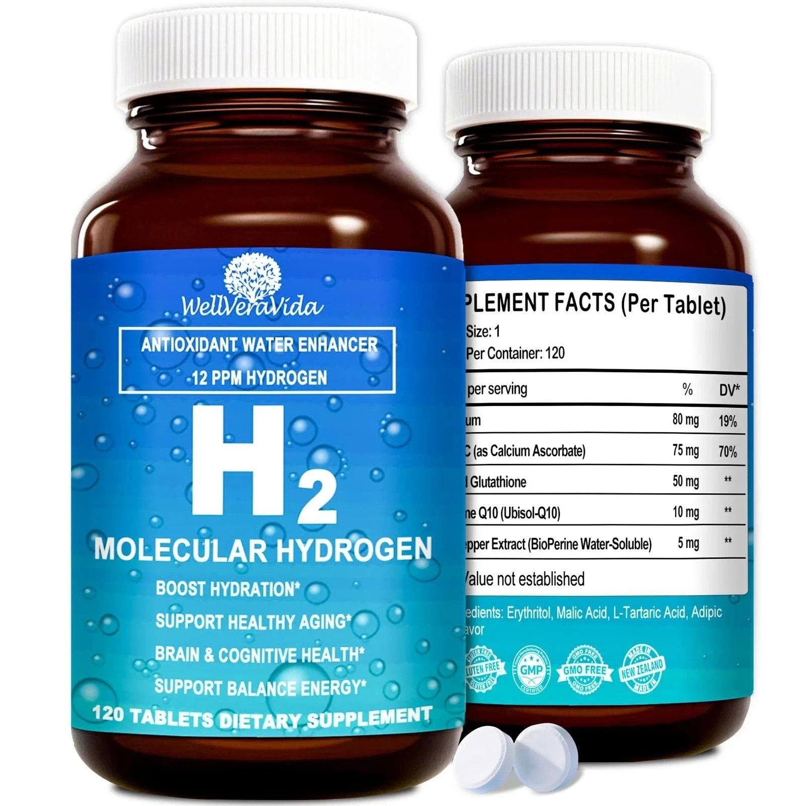 Hydrogen Water Tablets, 12PPM H2 Molecular Tablets for Drinking Water w. Magnesi