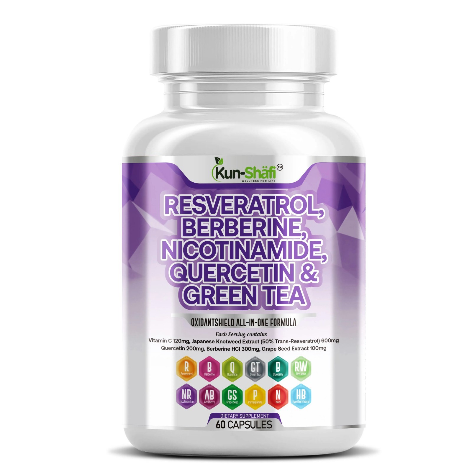 Resveratrol Complex with Berberine, Quercetin, Green Tea & Vitamin C – 60 Caps✅✅