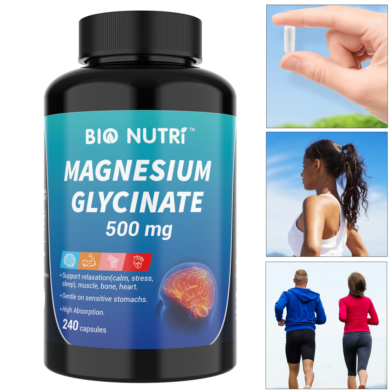 Pure Chelated  Magnesium Glycinate 500mg 240 Capsules for Calm Stress Sleep