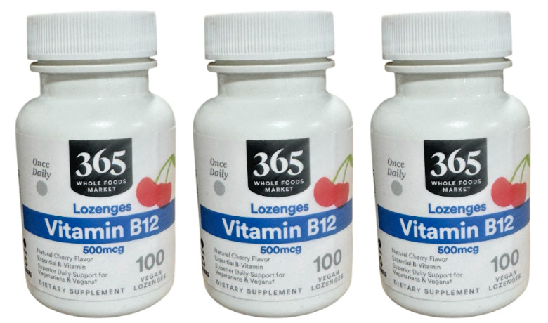 3-Pack 365 By Whole Foods 500mcg Cherry Flavor Vegan B12 Lozenges 100 Count Each