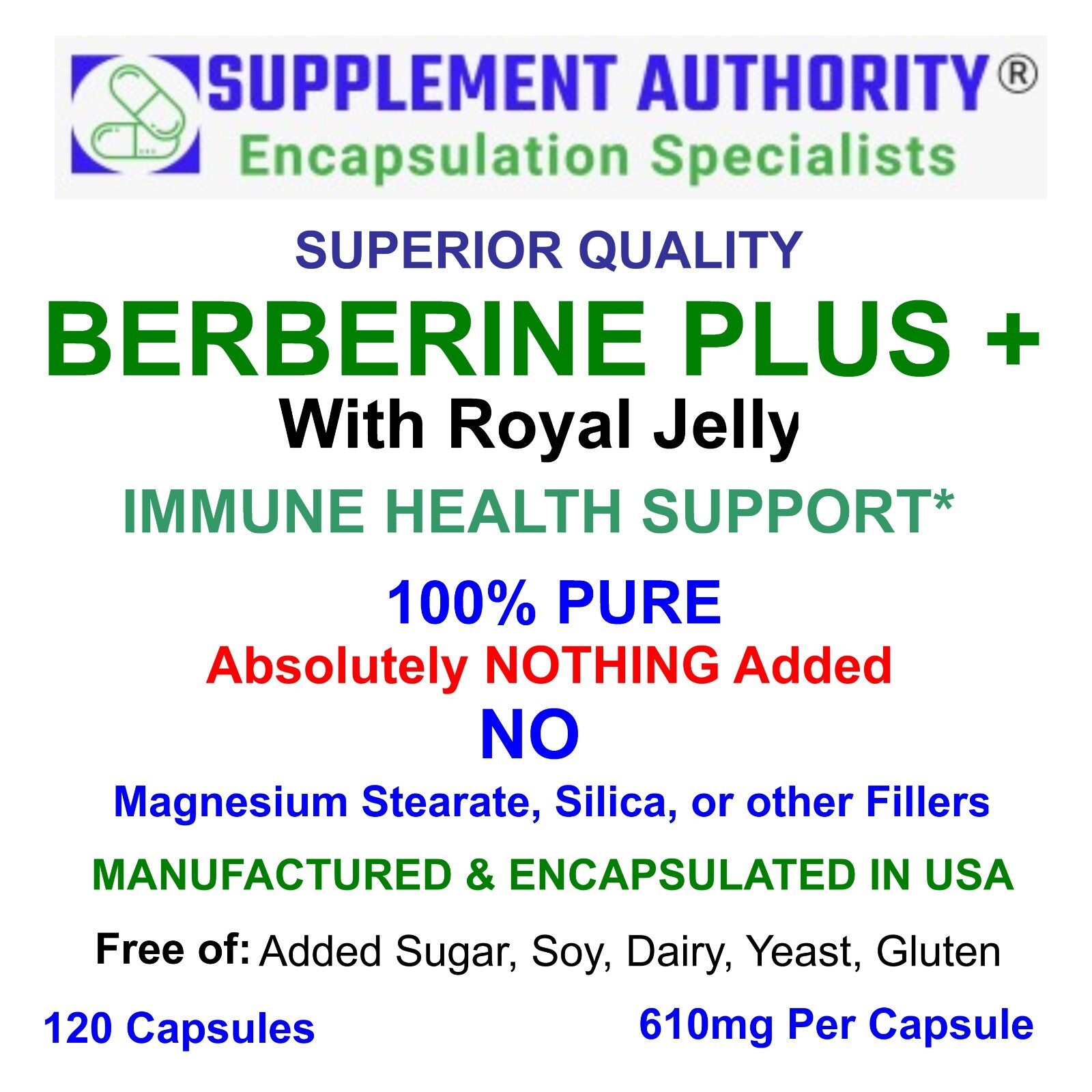 BERBERINE PLUS Capsules 600mg with Royal Jelly 10mg per Capsule INTRO PRICE NEW!