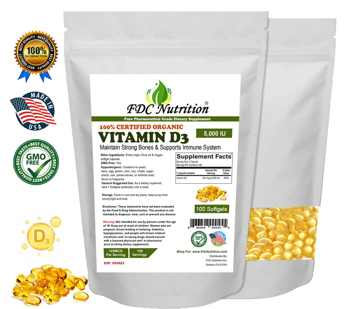 FDC Nutrition Vitamin D-3 5000 IU 100 Soft-gels Non GMO Made in USA