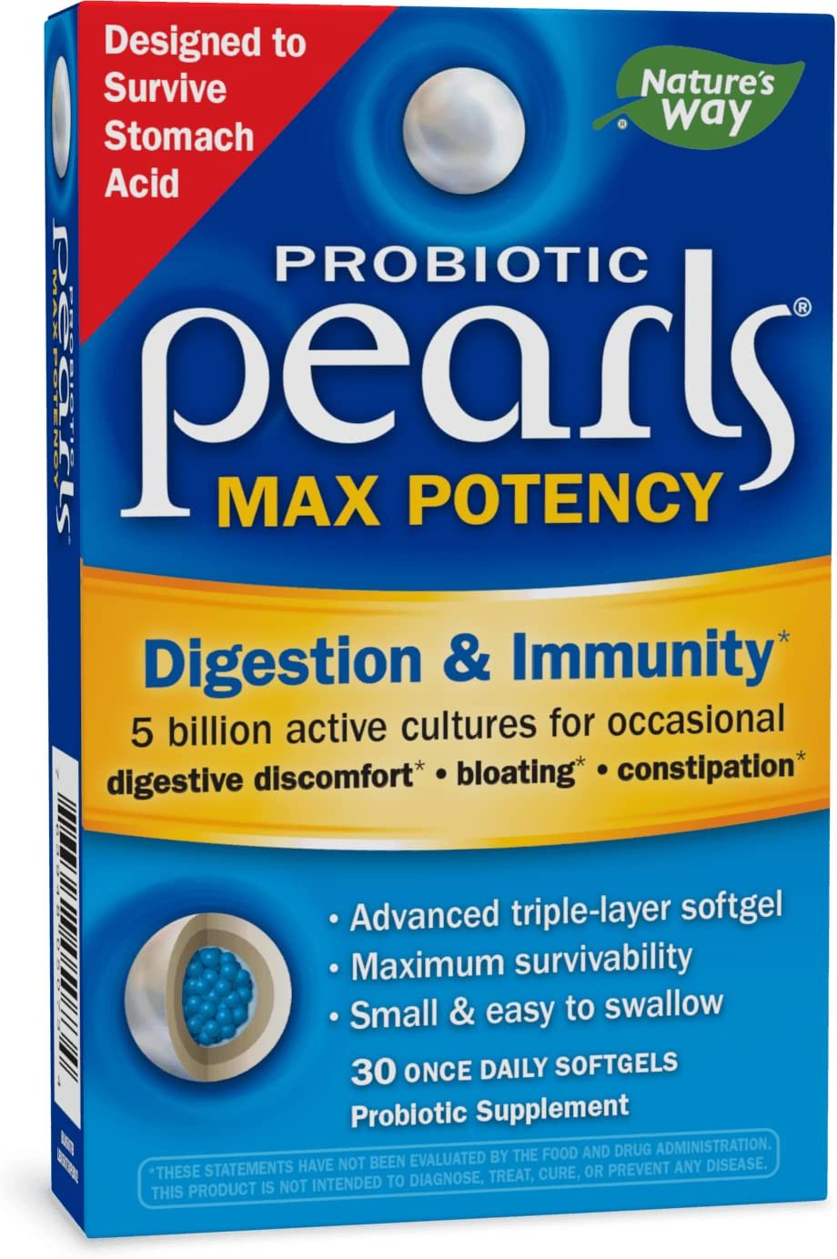 Nature’s Way Probiotic Pearls Max Potency, Digestive & Immune Supplement, 30ct