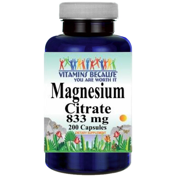 Magnesium Citrate 833mg 200 Caps – Made US/USDA Facility – Vitamins Because