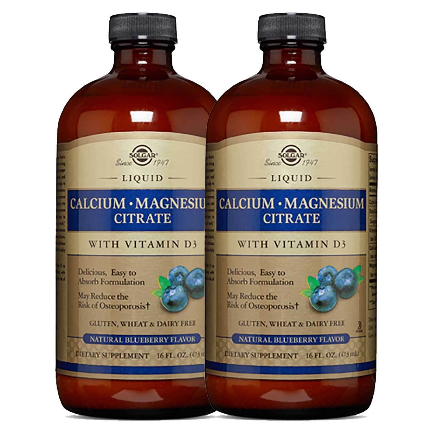 2x Solgar Liquid Calcium Magnesium Citrate Vitamin D3 Natural Blueberry 16 oz