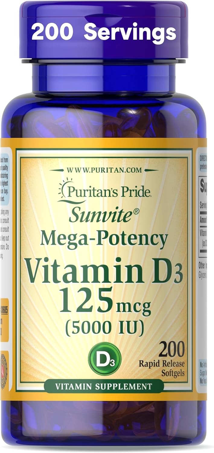 Puritan’s Pride Vitamin D3 5000 IU Soft Gels, 0.3 Ounce 1 Count (Pack of 1)