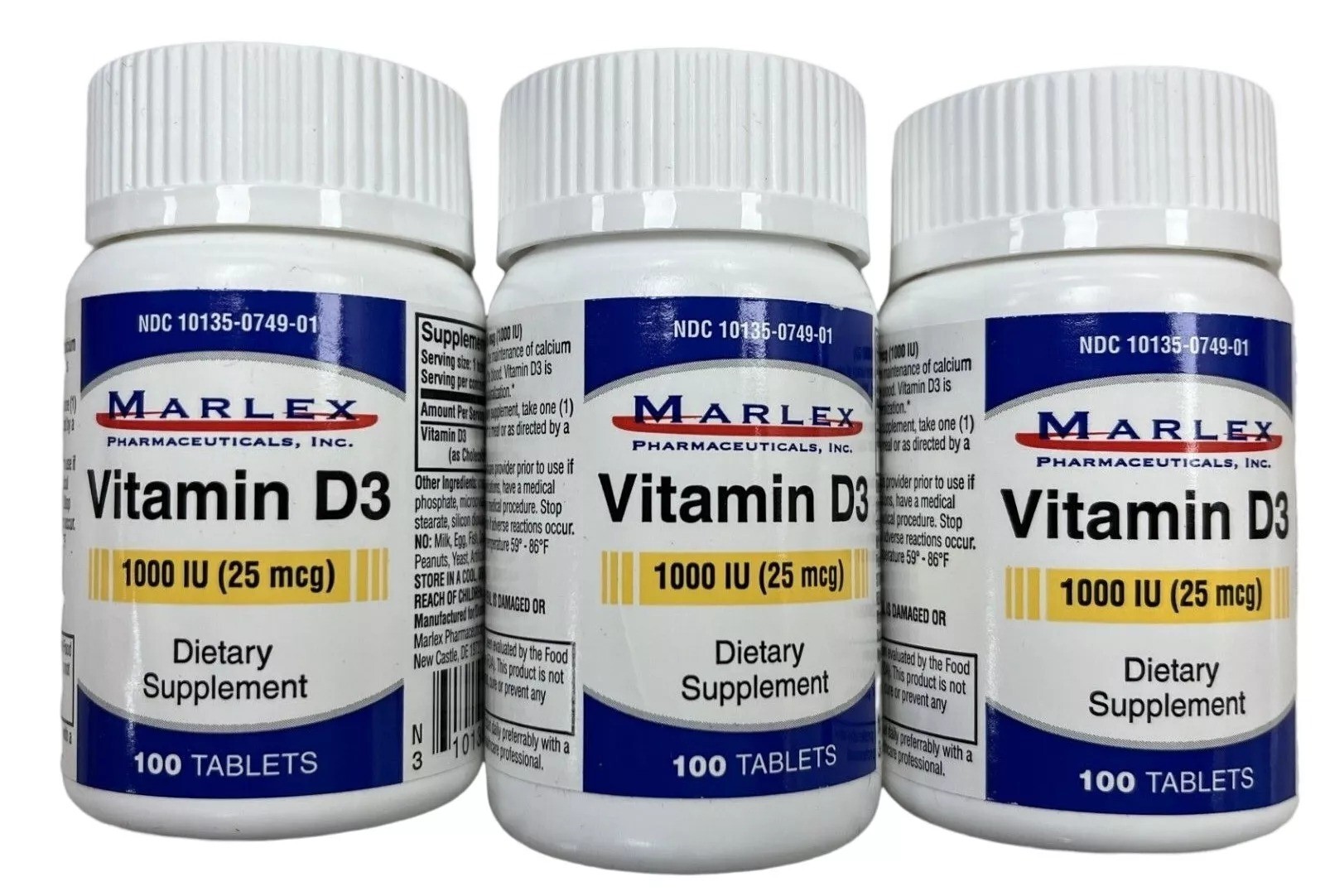 3 Pack Marlex Vitamin D3 1000 IU (25mg) 100 tablets Each Fast Shipping