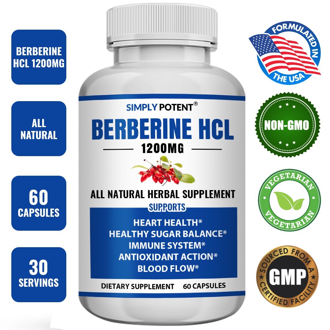 Pure Berberine HCl 1200mg, Blood Sugar Cholesterol & Immune Support| 60 Capsules