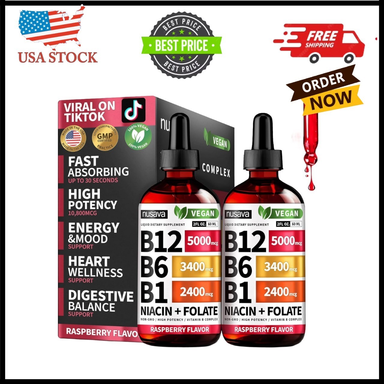 (2 Pack) Vitamin B12 B6 Liquid Drops 5000mcg – Energy, Brain & Heart Support
