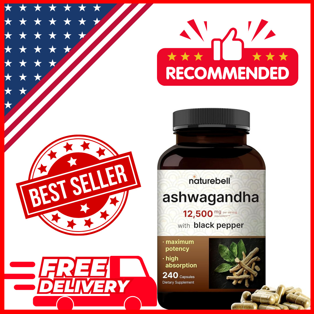 NatureBell Ashwagandha 12,500 mg Equivalent with Black Pepper, 240 Capsules