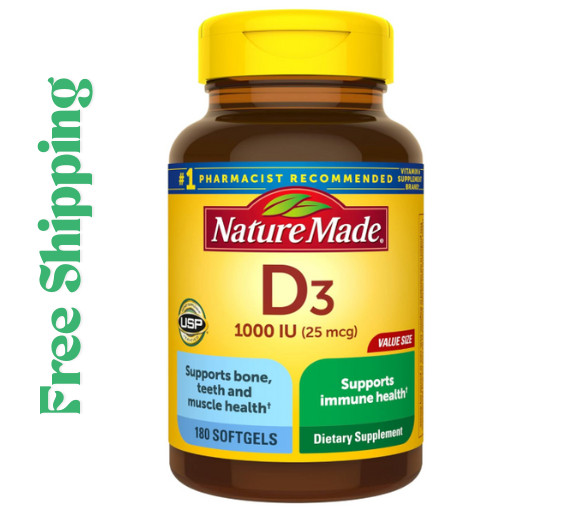 Nature Made Vitamin D3 1000 IU 180 Softgels Bone Immune Muscle Support 180 Ct
